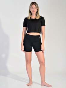 WOMEN'S FITNESS GYM CROPPED TOP IN DRYFIT FABRIC - màu đen - Xem 4