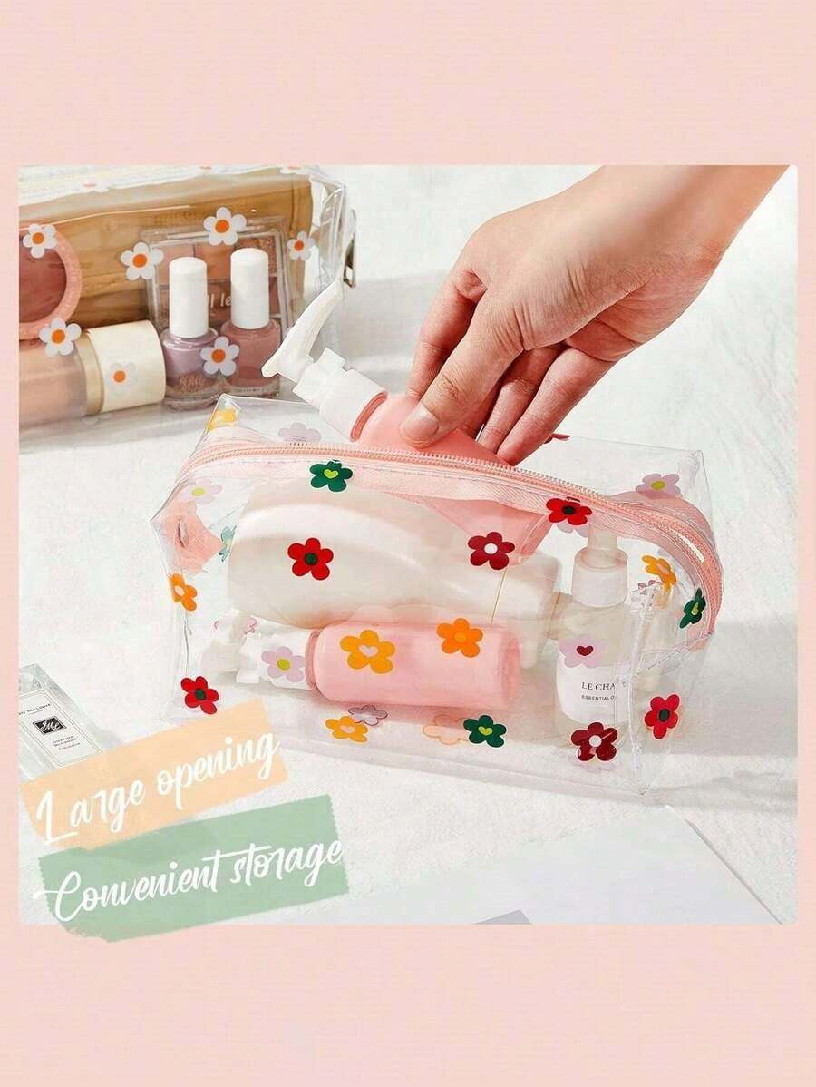 1pc Large Capacity Colorful Floral Pattern PVC Makeup Bag, Transparent Portable Travel Plastic Zipper Pouch, Multi-Functional Toiletry Storage Bag, Makeup Bag, Cosmetic Bag, Skincare Bag, Bathroom Essential, Cruise Essential, Dorm Essential, Bridemaid Gift, Mom Gift, Birthday Gift, Friend And Teacher Gift, Home Decor, Bathroom, Living Room, Bedroom Decor, Jewelry Storage Bag, Lip Gloss Bag, Nail Polish Bag