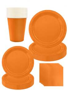 Solid Orange Disposable Tableware Set - 10Pcs 7/9Inch Plates, 9Oz Cups & Napkins | For Summer Party, Picnic, Birthday & Outdoor Events - Multicolor - View 1