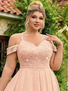 Plus Off The Shoulder V-Neck Spaghetti Straps Sequin Floral Lace Insert Contrast Chiffon Ruched Waist Pleated Hem Formal Party Maxi Dress, Wedding Guest Dress, Homecoming Dress, For Birthday, Dinner, Formal Events - Champagne - View 9