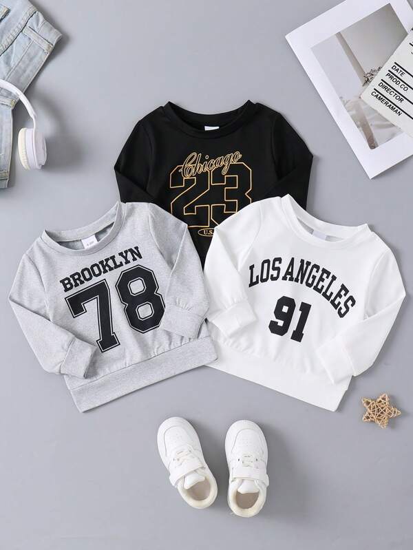 3pcs Kids Sport Sweatshirts With Brooklyn, Los Angeles, Chicago City Prints, Comfortable Polyester Blend Quick-Dry Stretchy Casual Wear, Spring/Autumn/Winter