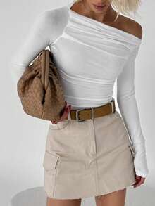 女士秋冬纯色荷叶边修身露肩/斜肩休闲T恤上衣，日常休闲