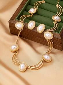 3-teiliges Schmuckset für Frauen: Perlenverzierte wellenförmige Halskette & Ohrringe, im Vintage Boho-Stil, elegant & modisch als Geschenk, für Partys und den täglichen Gebrauch