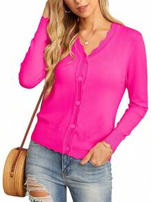 GRECERELLE Women's Long Sleeve Button Down Cardigan Knit Shrugs Sweater - 玫紅色 - 查看 3