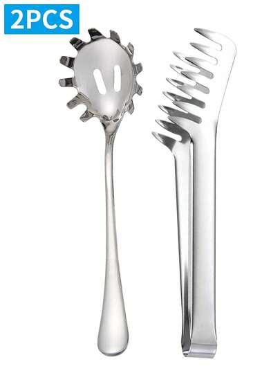 2/4PCS Spaghetti Spoon Server, Spaghetti Spoon And Pasta Tong, Non-Stick 9.4 Inch Stainless Steel Pasta Spoon With Teeth And Pasta Tongs, Comfortable Grip Design Pasta Server For Kitchen