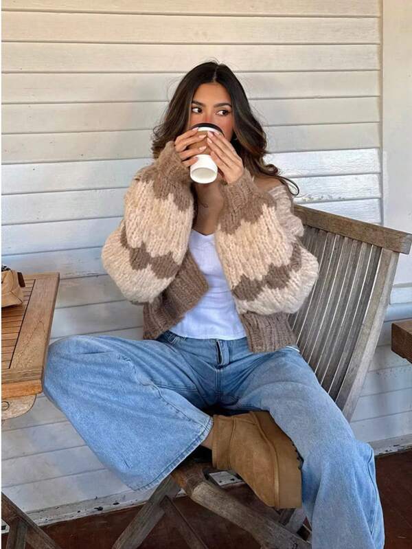 Button Closure Aran Cable Knit Cardigan, Everyday Wear For Autumn/Winter