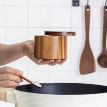 相思木盐瓶碗盒，内置勺子，避免灰尘，优雅的厨房盐容器架，带旋转磁性盖，可储存胡椒香料浴盐海盐，6 盎司 - 卡其色 - 查看 7