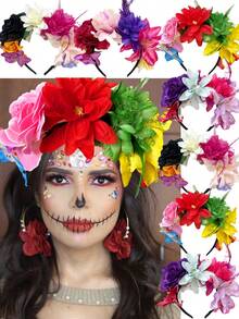 墨西哥亡灵节玫瑰花冠头饰，万圣节派对、海滩派对、舞台表演角色扮演的花卉发饰 - 彩色 - 查看 13