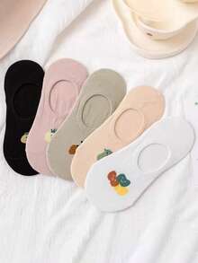 5 Pares (Cores Aleatórias) Meias Invisíveis de Silicone Respiráveis Estilo Japonês com Desenhos de Vegetais de Verão, Meias Finas e Baixas Doces para Mulheres