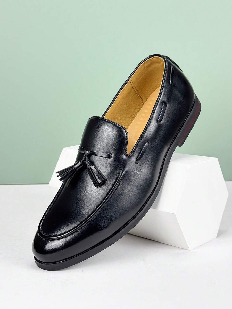 经典复古风格男士一脚蹬乐福鞋，优雅绅士皮鞋，流苏装饰，透气纯色防滑耐用鞋底，适合休闲、通勤、商务、正式场合、毕业典礼、婚礼、派对，适合中年、青年、学生，四季皆宜 - 黑色 - 查看 1
