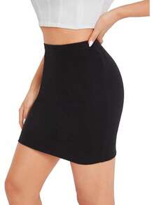 Women's Basic High Waisted Pencil Bodycon Short Skirt - Solid Black - View 4