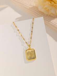 1pc Stainless Steel Square Flower Design Pendant Necklace, Vintage Fashion Street Style For Daily Wear And Party