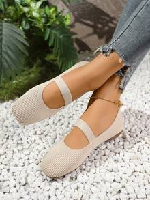 女士休闲春夏玛丽珍平底鞋，系带针织方头编织软底鞋 - 糯米白色 - 查看 4
