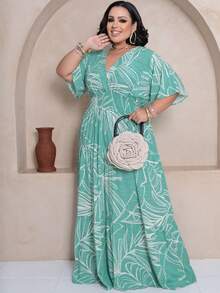 Plus Size Long Dress V Neck Short Sleeve - Green Flag Estam. - View 2