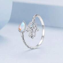 WOSTU 1 pièce Bague d'ouverture en argent sterling 925 Main de Fatima Lucky avec Moonstones arc-en-ciel en forme de larme. Bague empilable, bijoux pour une fête, cadeau