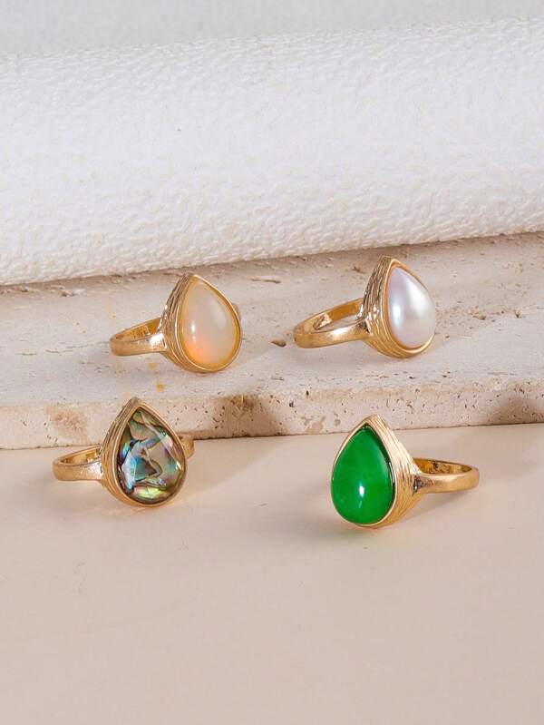 1pc Vintage Metal Waterdrop, Stone & Shell Minimalist Ring For Women, Everyday Wear