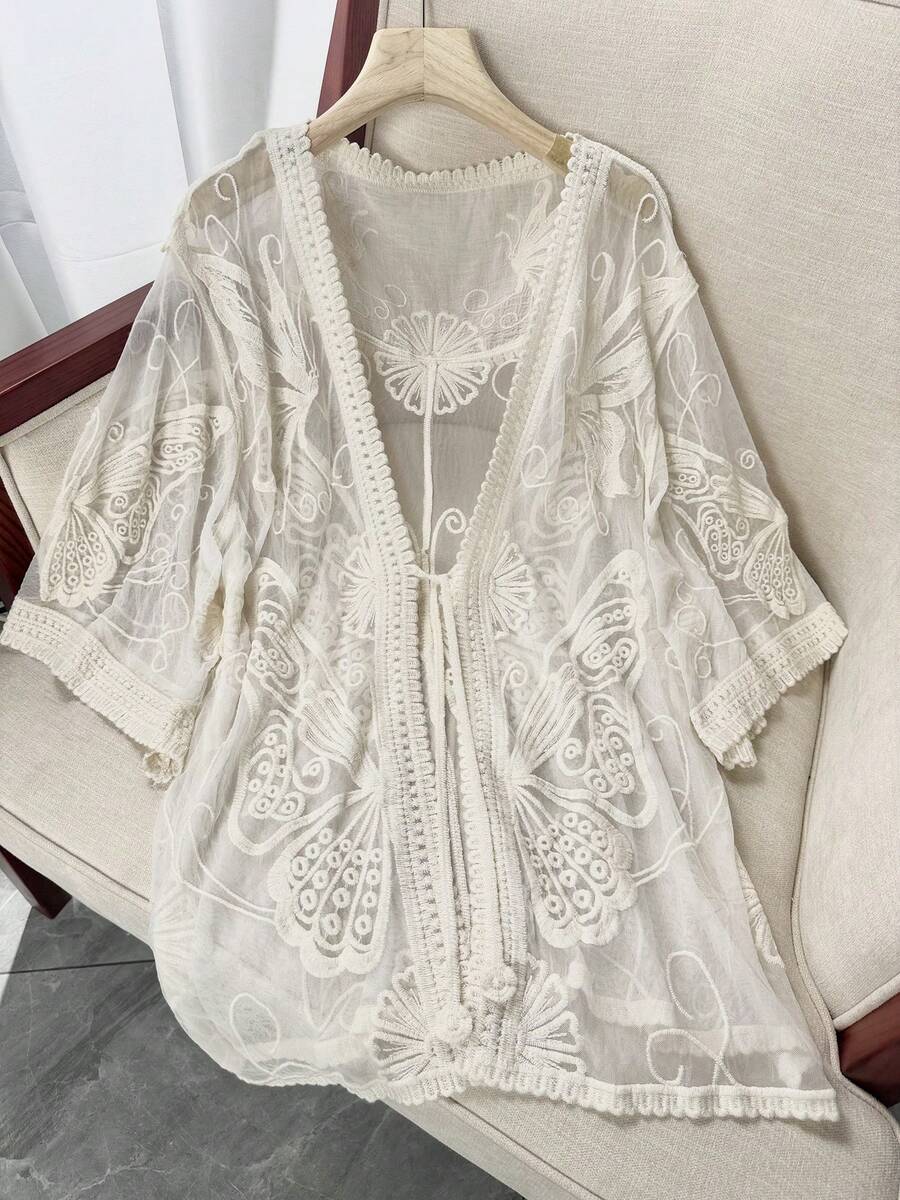 女士性感刺绣网眼沙滩罩衫比基尼披肩