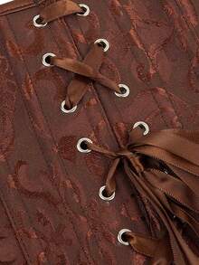 复古提花系带紧身胸衣上衣，鱼骨塑腰紧身胸衣上衣，时尚外套 - 咖啡棕 - 查看 4