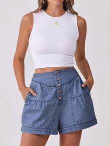 ANRABESS Women's Shorts Summer Baggy High Waisted Flowy Wide Leg Buttons Pleated Casual Jean Shorts 2025 Fashion Skorts - Washed Blue - View 2