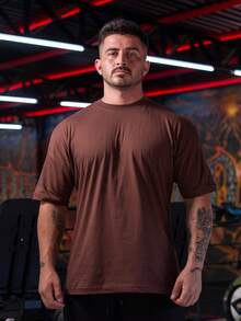 Men's Oversized Plain Gym T-Shirt Unbranded Simple Turtleneck Ribbed 30.1 Combed Cotton Lightweight Gym - 鏽棕色 - 查看 1