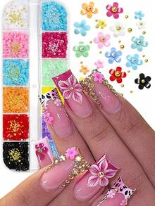 12格3D花卉美甲装饰，珍珠，钢球花，马卡龙美甲混搭配件DIY指甲饰物指甲宝石美甲用品指甲 - 彩色 - 查看 1