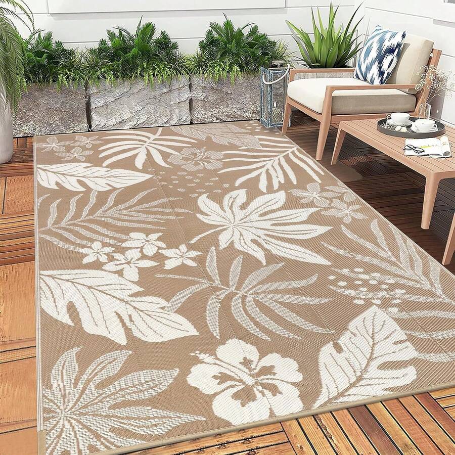 Waterproof Outdoor Rug, Reversible Plastic Straw Patio Camping Rug, Indoor Outdoor RV Mat Carpet For Deck, Camper, Porch, Balcony, Backyard, Picnic - Màu be - Xem 1