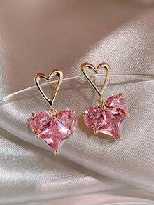 1 Pair Cute Pink Zirconia Bowknot Stud Earrings, Simple Design Sparkly Heart Cartilage Earrings, Suitable For Teenagers & Best Friends
