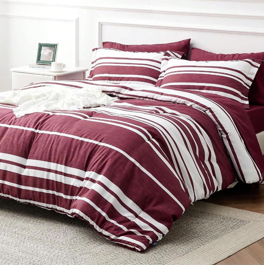 King Comforter Set 7 Pieces, Burgundy Striped Bedding Set For King Size Bed Reversible, Cationic Dyeing Bed In A Bag With Comforter, Sheets, Pillowcases & Shams - Burgundy - View 1