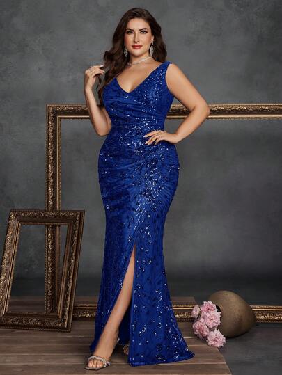 BluePlum Long Sexy V-Neck High Slit Formal Dress For Plus Size Women, High Quality Stretchy Beaded Tight-Fitting Glamorous Elegant Evening Party Gown, Backless Mermaid Bridesmaid Mother's Dress, Luxury Formal Evening Gown