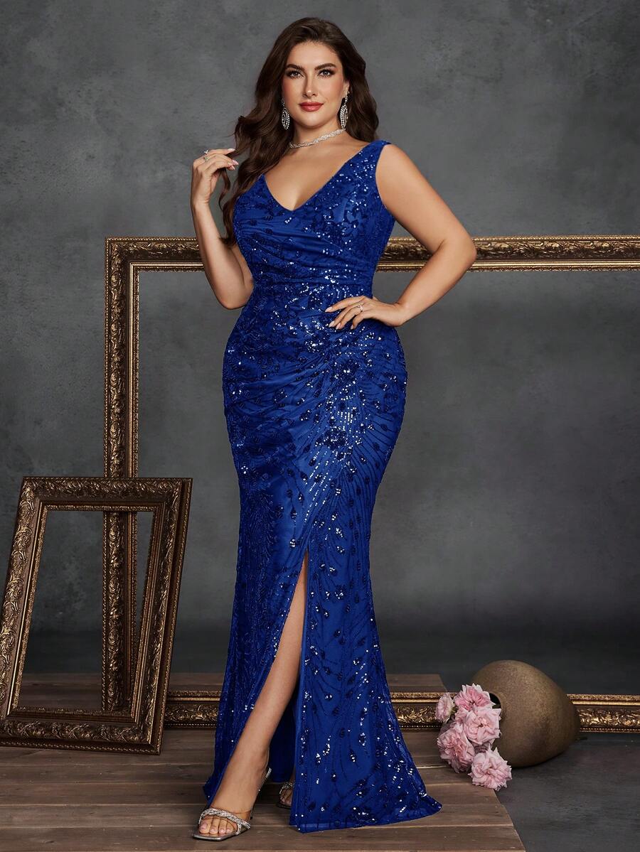 Long Sexy V-Neck High Slit Formal Dress For Plus Size Women, High Quality Stretchy Beaded Tight-Fitting Glamorous Elegant Evening Party Gown, Backless Mermaid Bridesmaid Mother's Dress, Luxury Formal Evening Gown - 寶藍色 - 查看 1