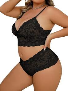 Floral Lace Lingerie Set High Waist Sleepwear Bra And Panty 2 Piece Nightwear 2025 Back-To-School Season Fall Pjs - 加黑色 - 查看 3