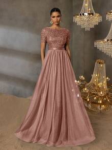 Faeriesty Elegant Formal Evening Gown With Sequin Embellished Bodice & Contrast Layered Tulle Hem | A-Line Prom Wedding Party Dress - 卡其色 - 查看 4