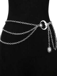 1pc Multi-Layer Crescent Moon Design Dress With Metal Waist Chain For Women Summer, School - Silver - View 1