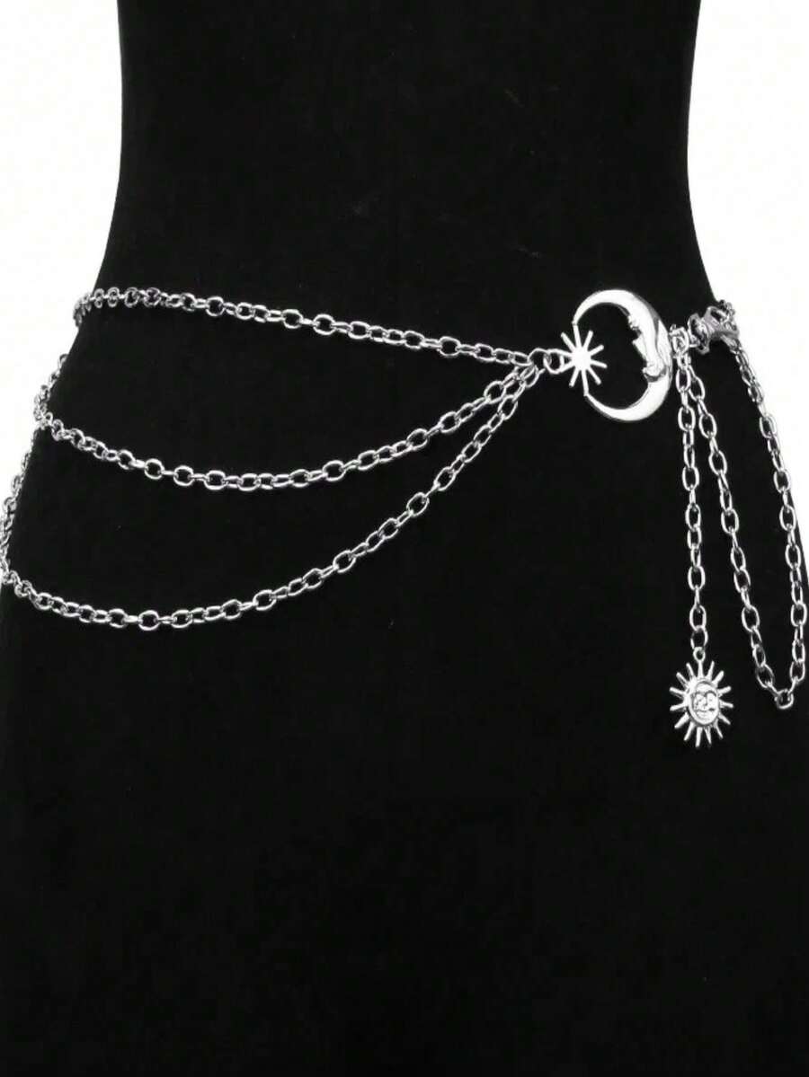 1pc Multi-Layer Crescent Moon Design Dress With Metal Waist Chain For Women Summer, School - Silver - View 1
