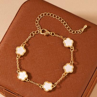 1pc Fashionable Copper Flower Decor Chain Bracelet, Suitable For Women's Daily Wear, Valentine's Day Gift