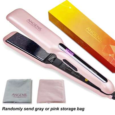  ANGENIL 摩洛哥坚果油直发器，专业便携式双电压 PET 材质直板夹，1.6 英寸宽平板，适合浓密发质，快速直发造型，带液晶显示屏