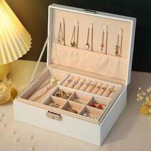 1pc White Luxury PU Leather Multifunctional Jewelry Storage Box With Secure Lock And Reliable Soft Cushion Drawer, Velvet Lined Travel Case, Large Capacity Multi Compartment Design, Suitable For Rings, Earrings, Necklaces And Bracelets - Elegant Black And Pink Home Decoration Jewelry Gift Box, Perfect Gift For Valentine's Day, Christmas, Mother's Day, Thanksgiving, Exquisite Design, Keychain Closure Jewelry Box, Fashionable Storage, Durable Structure, Exclusive To Fashion Enthusiasts - 白色 - 查看 1