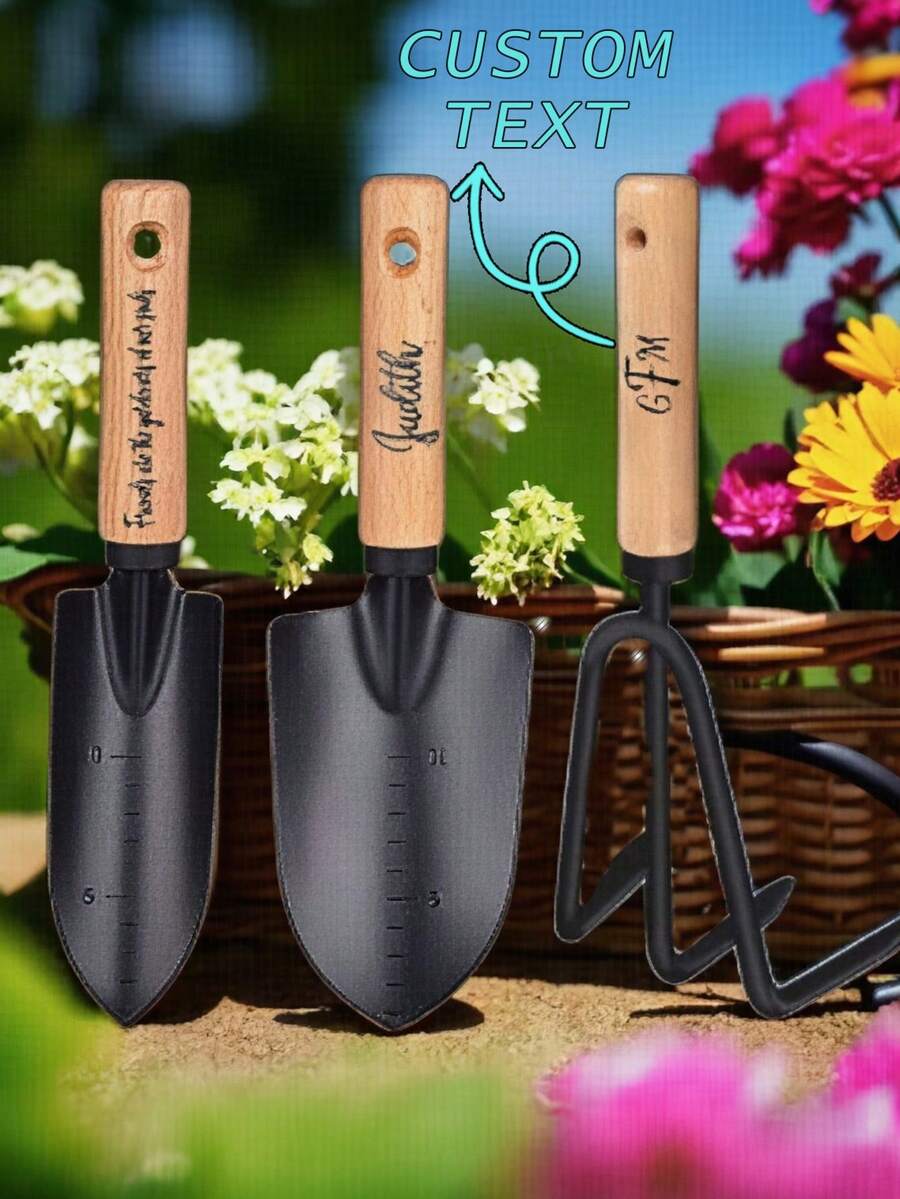 Personalized Garden Tools Gift Wood Set For Gardener, Housewarming, Mom, Wife, Grandmother - Includes Shovel, Rake, & Trowel Complete Set - Wood Color - View 1