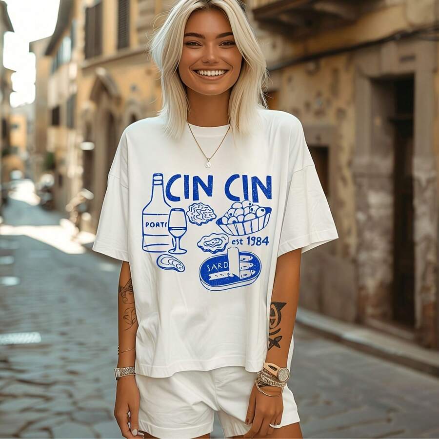 Cin Cin Graphic ,Vintage Wash Oyster Club Shirt,Retro Sardines ,Tinned Fish Shirt,Travel To Italy ,Wine Ols 220G Heavyweight %Cotton -Shirt.I Daily Commutes,Outdoor Work,Gym Sessions,Or Laid-Back Weekends,This Offers A Structured Fit And Soft Feel.Whether Layered In Fall Or Worn In Summer,It's Your All-Season Go-To Comfort And Reliability.Tops Wo Vintage Clothes Wo Clothes Wo Vintage Wo Tops Mujer Cute Tops Wo Cotton Wo Clog Halloween Camisas Summer Clothes Wo Casual Punk Western Tops Wo Fourth Of July Outfit Kpop Cowboy Outfits Wo Ropa %Cotton Y2k Ing Cute Gothic Wo Clothes Black And White Top Vintage Tops Cloth Wo White Goth Inawly Retro Clothes Wo Korean Fashion Wo Camisas Para Mujer INAWLY Floral Printed Short Sleeve T-Shirt Graphic Tees Women Tops - White 1 - View 1
