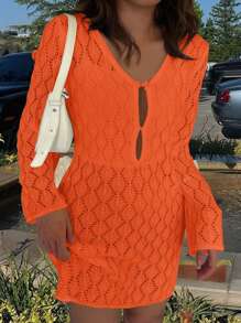 Women's Summer Vacation V-Neck Sheer Mesh Hollow Out Knot Button Crochet Long Sleeve Cover Up Sexy Solid Color Bodycon Mini Knit Beach Bikini Dress, Spring Fall