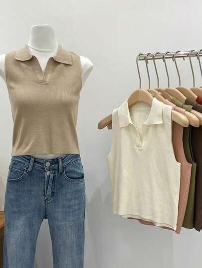 1 pieza Nueva Blusa Corta de Punto con Cuello Polo Suelto y Falso Cuello en Negro, Blanco, Camello, Verde