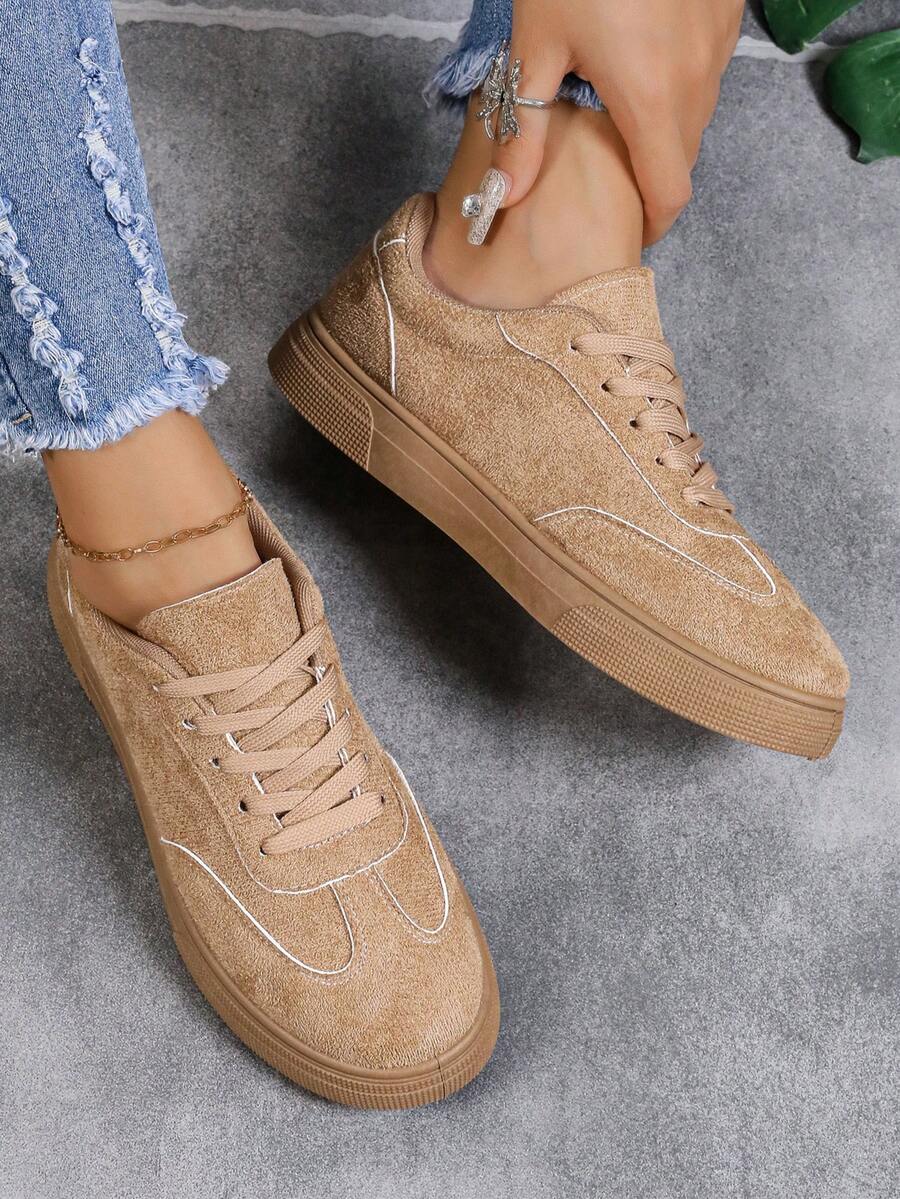 女式卡其色系带滑板运动鞋，运动滑板鞋，户外徒步休闲运动鞋，适合日常穿着 - 卡其色 - 查看 1