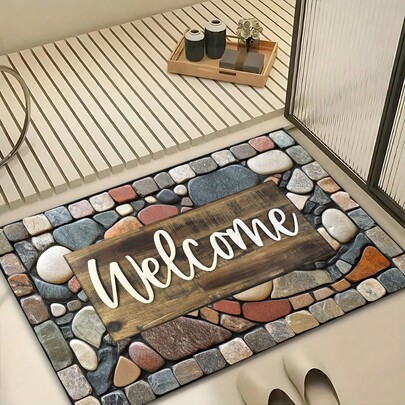 1 pieza Felpudo de entrada con estampado de piedra antideslizante y lavable para decoración del hogar - Felpudo de entrada con impresión "BIENVENIDO", alfombra de diatomita antideslizante, diseño rectangular impreso en 3D, adecuado para entrada, sala de estar, cocina, dormitorio, pasillo, baño, lavadero - Alfombra de poliéster, para decoración interior y exterior del hogar