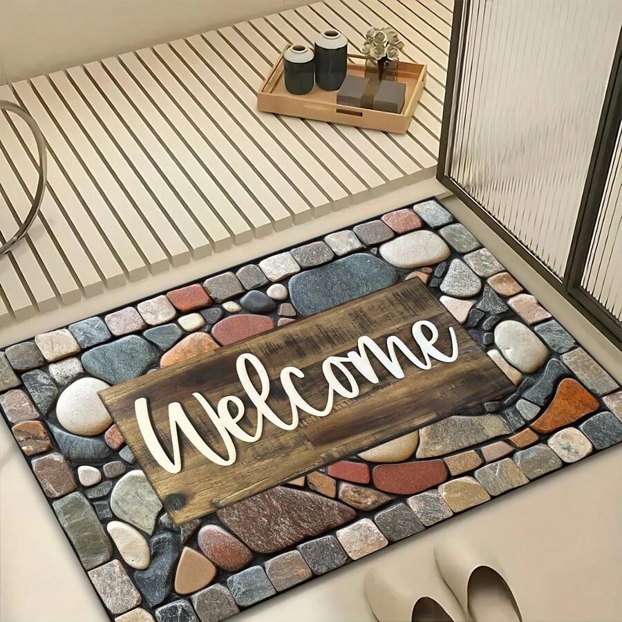 1pc Home Decor Non-Slip Washable Stone Pattern Printed Welcome Doormat - Entrance Mat With "WELCOME" Print, Non-Slip Diatomite Carpet, 3D Printed Rectangle, Suitable For Entryway, Living Room, Kitchen, Bedroom, Hallway, Bathroom, Laundry Room - Polyester Carpet, For Indoor And Outdoor Home Decor - Multicolor - View 1