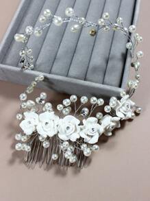 1 pieza Diadema con flor blanca y perlas para mujer/niño, peineta con rosa, accesorio vintage elegante y versátil
