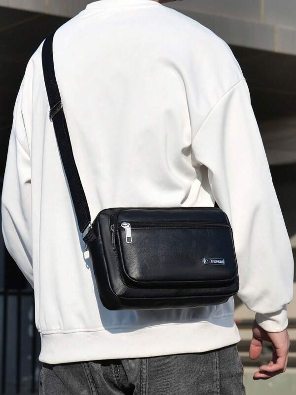 Bolsa Mensageira de Couro PU Retrô da Moda Masculina, Simples Cor Sólida com Letra e Bolsos Múltiplos para Trabalho e Uso Diário, Bolsa Versátil de Ombro/Transversal para Transporte, Trabalho, Uso Diário