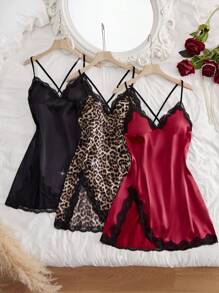 3 Pcs Lace Trimmed Satin Split Sexy Lingerie Set, V-Neck Cross-Tie Backless Slim Fit Dress, Women's Comfortable & Erotic Nightdress & Nightgown