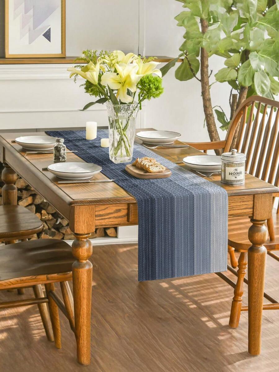 1pc Minimalist Striped Gradient Style Table Runner, Modern Living Room Dining Tablecloth Mat, Dry Cleanable, Washable, Suitable For Kitchen Dining Table Party Wedding Decoration Vintage Style, Suitable For Entryway, Family Gathering, Coffee Table, Living Room, Microwave Dust Cover - Blue - View 1