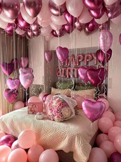 Juego de decoración de globos para cumpleaños de 49 piezas, que incluye globos de letra "FELIZ CUMPLEAÑOS" de 16", globos de helio con forma de corazón de 18" y globos de látex rosa y rosa oscuro para fiesta de cumpleaños y decoración de habitaciones