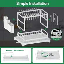 Multifunctional Dish Rack Organizer, Rustproof 2-Tier Dish Drying Rack With Drainer Board, Space Saving For Cutlery, Knives, Wooden Cutting Boards - Modern Kitchen Shelf | Durable Metal Construction Kitchen Organizer With Cleaning Cloth White Holiday Gift